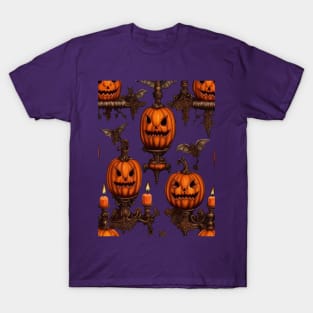 Jack O Lanterns, Flying Bats And Gothic Candle Sconce Cut Out T-Shirt